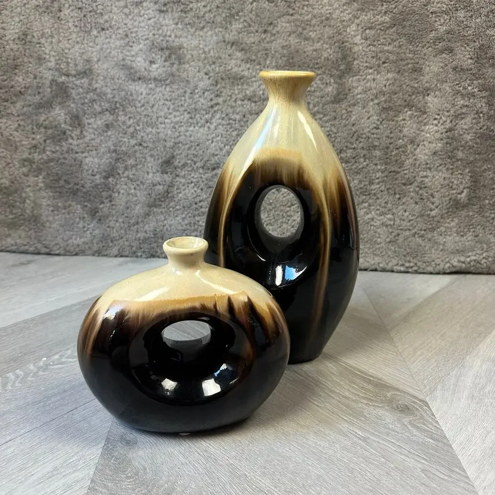 Pair of 2 Vases MCM Mid Century Modern Ceramic Brown Tan Beige Oval Circle